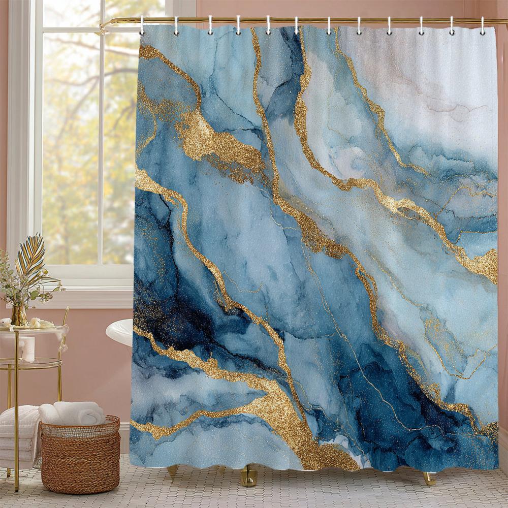 Abstract Marble Pattern Shower Curtain, Geometric Printed Bathroom Decorative Shower Curtain, Fabric Home Curtain with Hooks