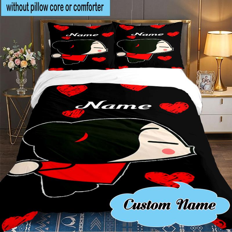 Custom Name 3PCS Heartfelt Pucca Love Bedding Set Including 1pc Duvet Cover And 2pcs Pillowcases for Bedroom, Dormitory Gift Home Decor
