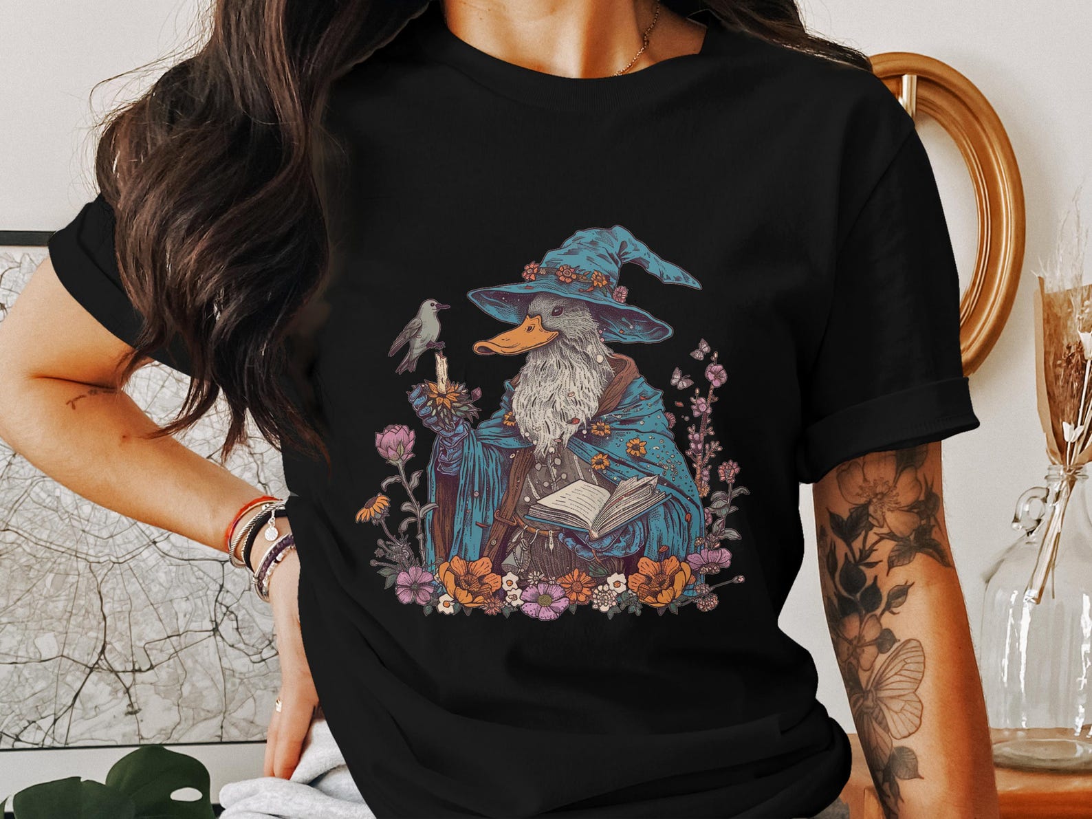 Whimsical Wizard Duck T-Shirt, Cottagecore Fantasy Animal Tee, Enchanted Nature Shirt, Cute Quirky Bird Lover Gift S