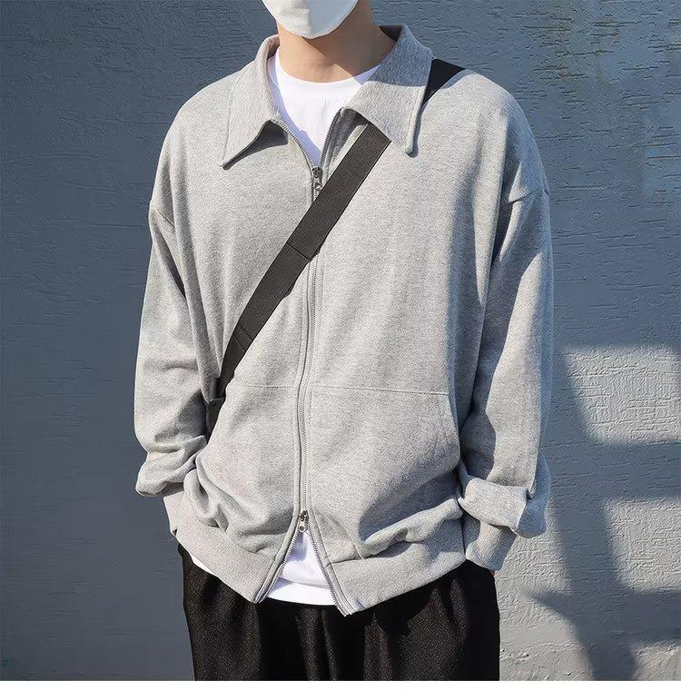 Herr Retro Cardigan Hoodie med Dubbel Dragkedja - Casual, Lös Passform för Vår & Höst.