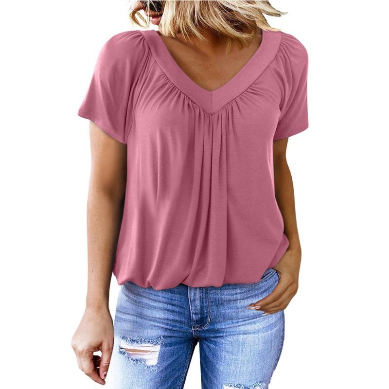 Women s Casual V-neck Short Sleeve Blouse Pleated Loose Fit Solid Color Chiffon Top S розовый