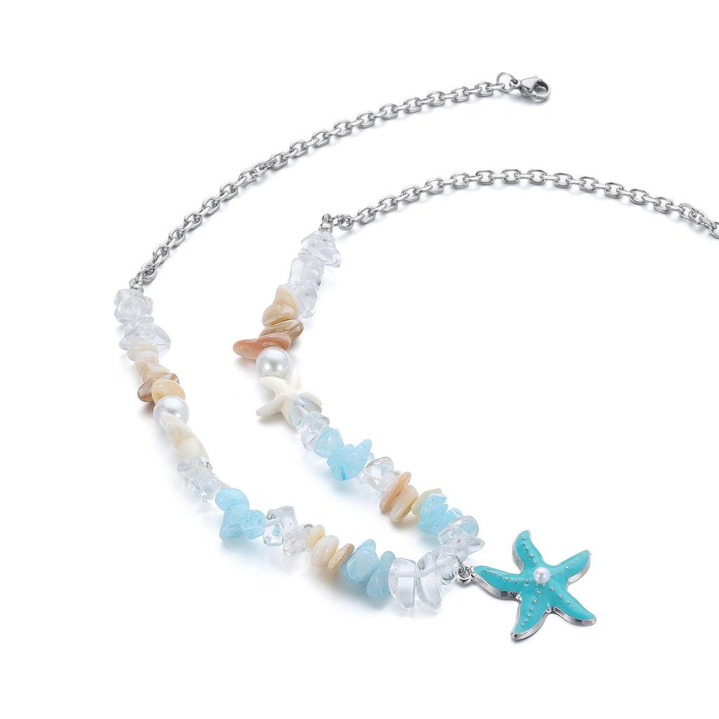 Women's Blue Starfish Pearl Necklace - Dopamine Beaded Clavicle Chain In Titanium Steel, Perfect for Seaside Vacations