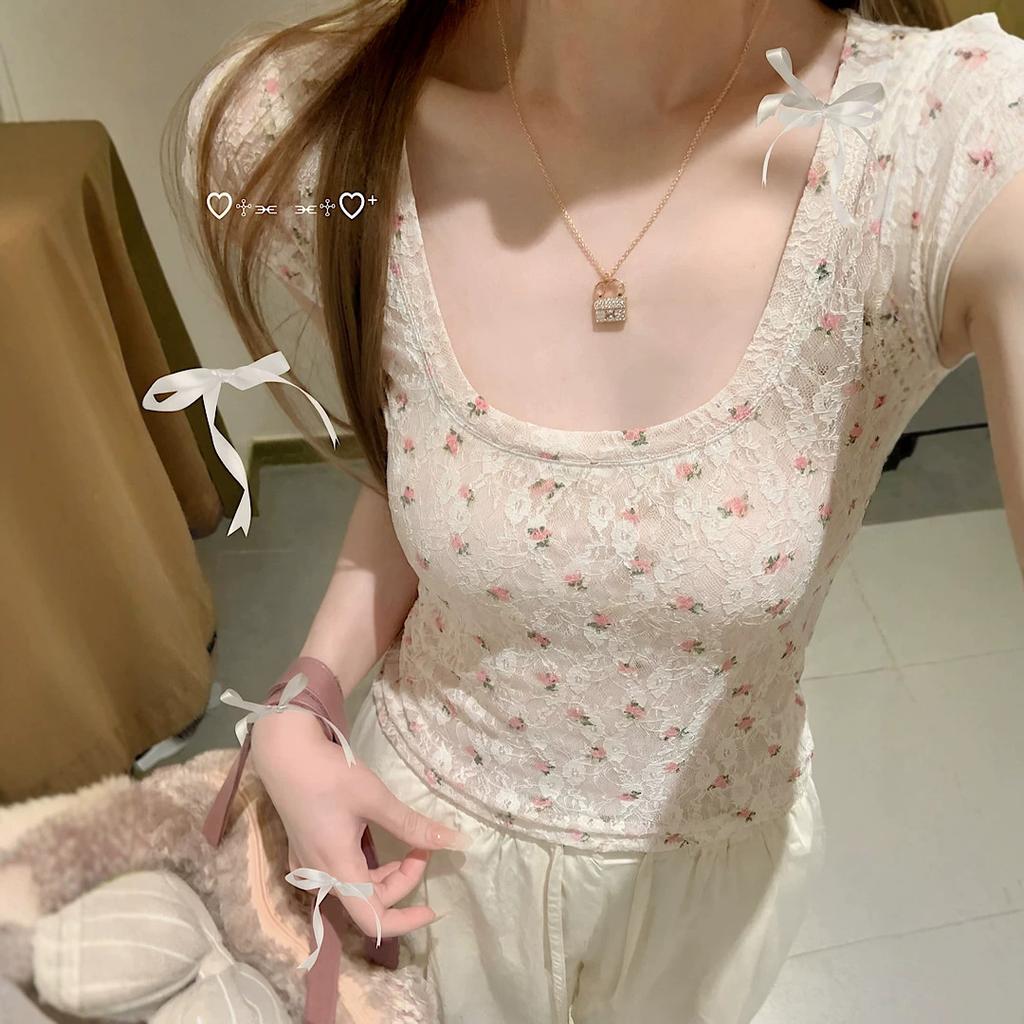 Sweet Spice Girl U-Neck Floral Lace Shirt Short Sleeve T-Shirt Women's Summer Slim Niche Unique Beautiful Waist Short Top