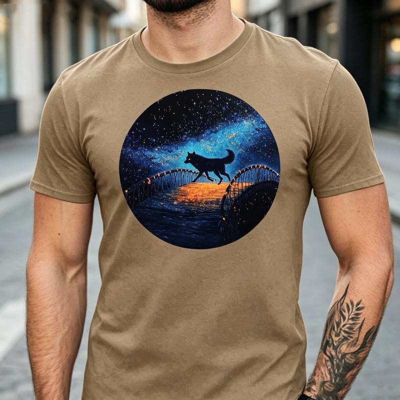 Starry Night Wolf Graphic T Shirt Majestic Wildlife Print Unisex Soft Cotton Crew Neck Short Sleeve Trendy Casual Tops
