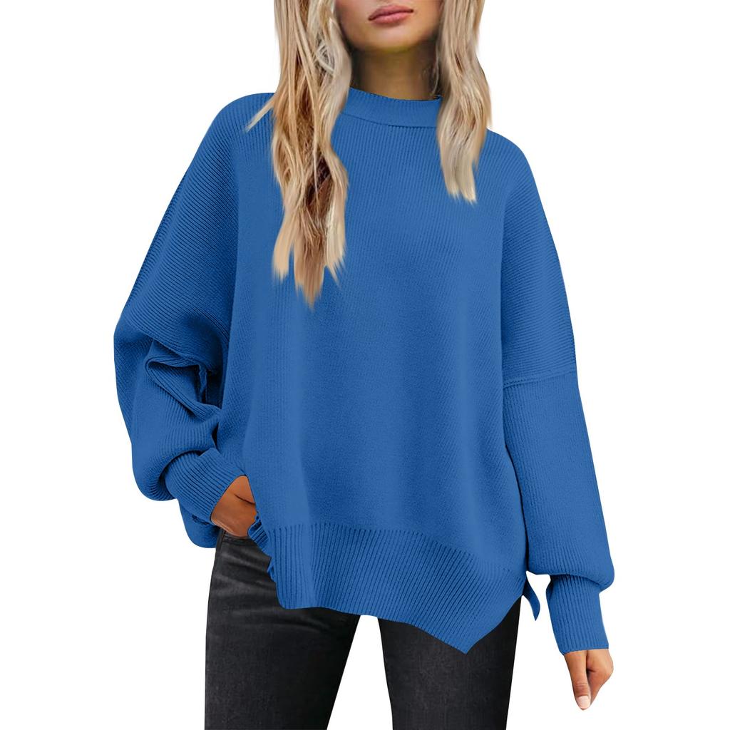 Women's Fashion Round Neck Long Sleeve Sweater Knitted Side Slit Pullover