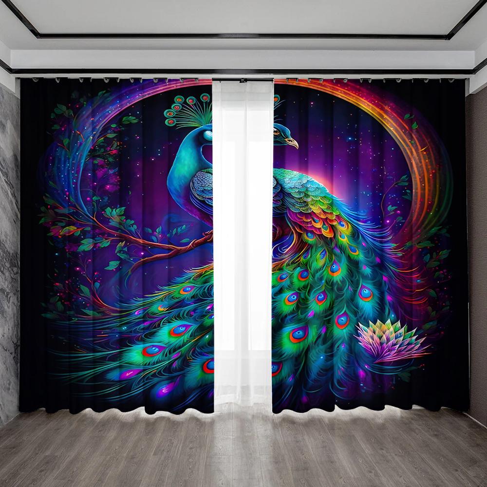2PC Home Decoration Curtains, Peacock Background With Rod Pocket Curtains, Kitchen, Coffee Shop, Living Room, Balcony, Garden
