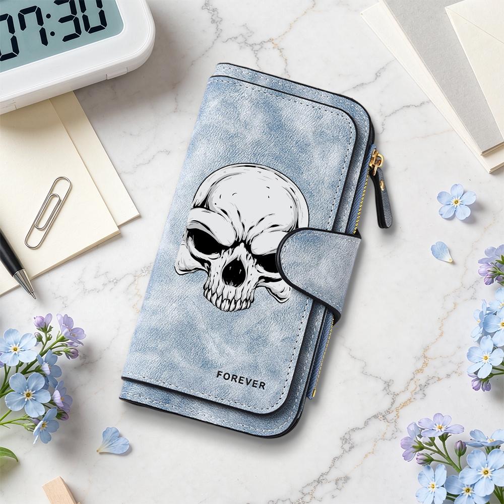 Gothic Skull Print Long Wallet for Men Women, Cool Dark Style Card Holder Zipper Purse