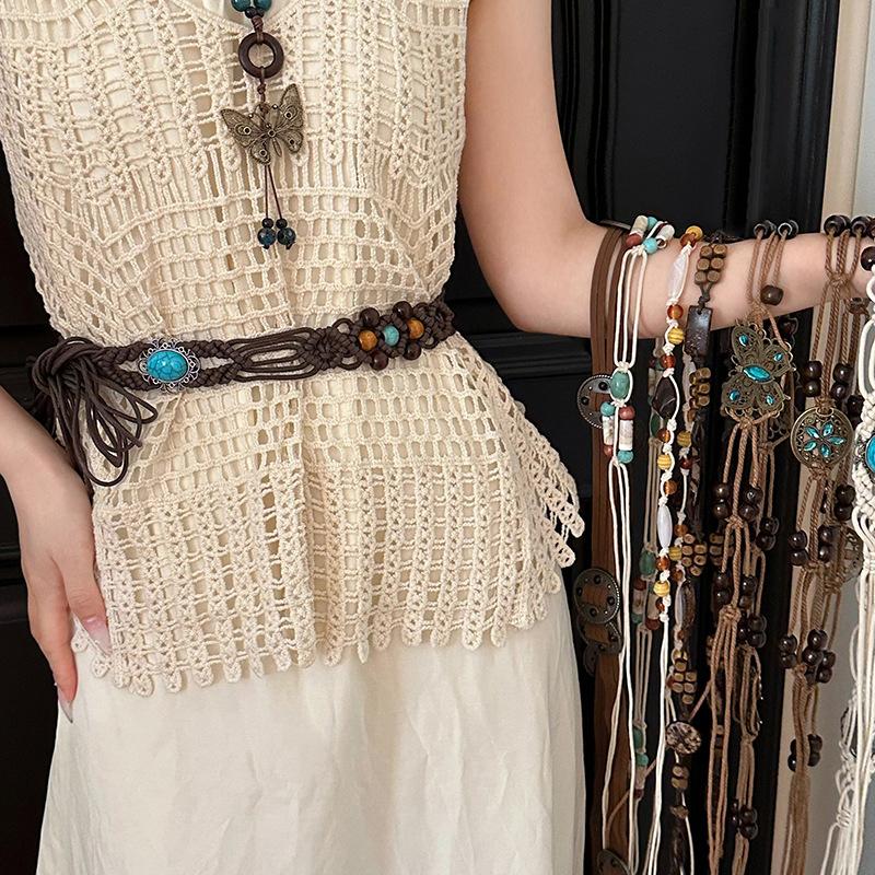 Bohemian Style Butterfly Blue Water Diamond Waist Woven Handmade Wooden Bead Belts Y2K Retro Belt Waist Chain Accessory Skirt