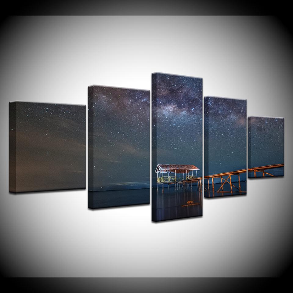 5 Pieces Canvas Painting Natural Scenery Bridge Sea at night Wall Stickers For Home Decorations View Bedroom Wall Decor