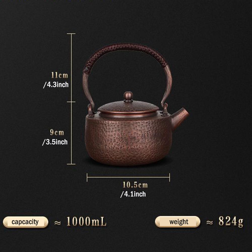 Traditional Handmade Copper Pot, High-capacity Brewing Tea Pot, Red Copper Teapot, Health Boiling Water Kettle for Kitchen, 1L