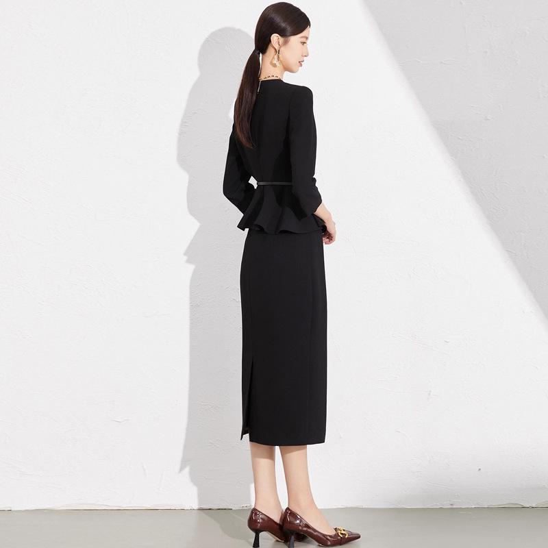 Elegant Black Slimming Ruffle Long Women's Dress Set - Spring/Autumn Formal OL Style