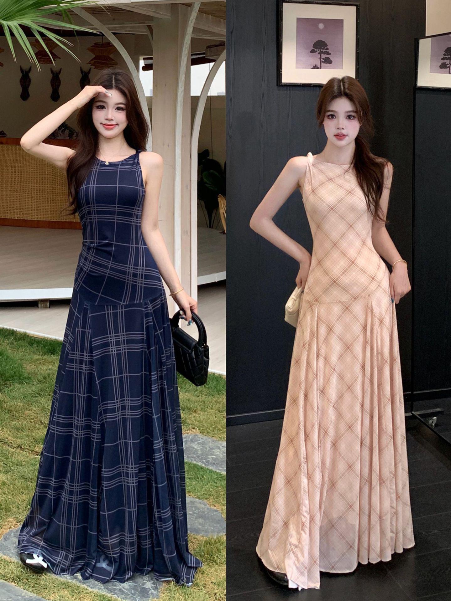 Plus Size Retro Plaid Mesh Dress - Elegant Long Skirt for Women 2XL