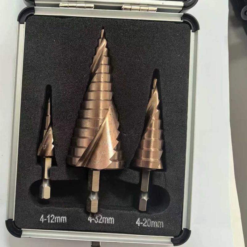 5-Piece Hole Expansion Pagoda Drill Bit Set for Steel Plate Punching with Yellow Triangle Ladder Drill In Aluminum Box.