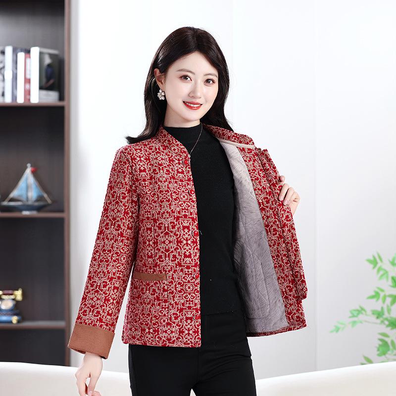 Dámská bunda slim fit ze směsi bavlny: Podzimní/Zimní Národní Styl, Hřejivý Kabát pro Matky Středního Věku a Starší s Plus Sametem.