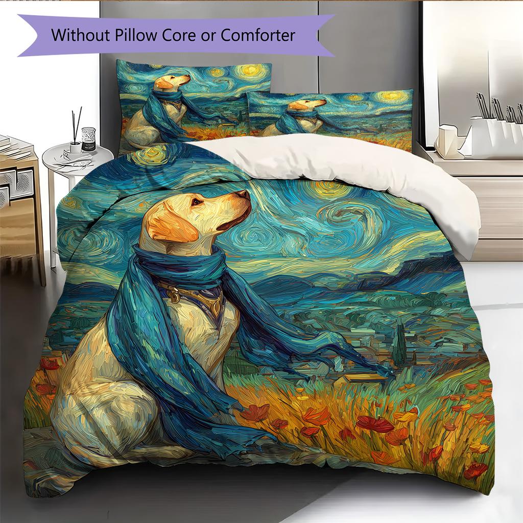 Dog Under Night Starry Sky Pattern Bedding Quilt Set Home Decoration Gift (1 * duvet cover + 2 * pillowcase without core)