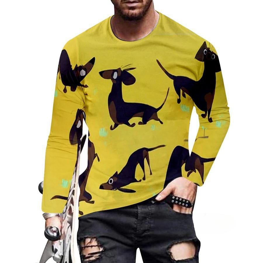 Spring and Autumn Round Neck 3D Dachshund Printed Top Fashionable Casual Long Sleeved Men's T-shirts