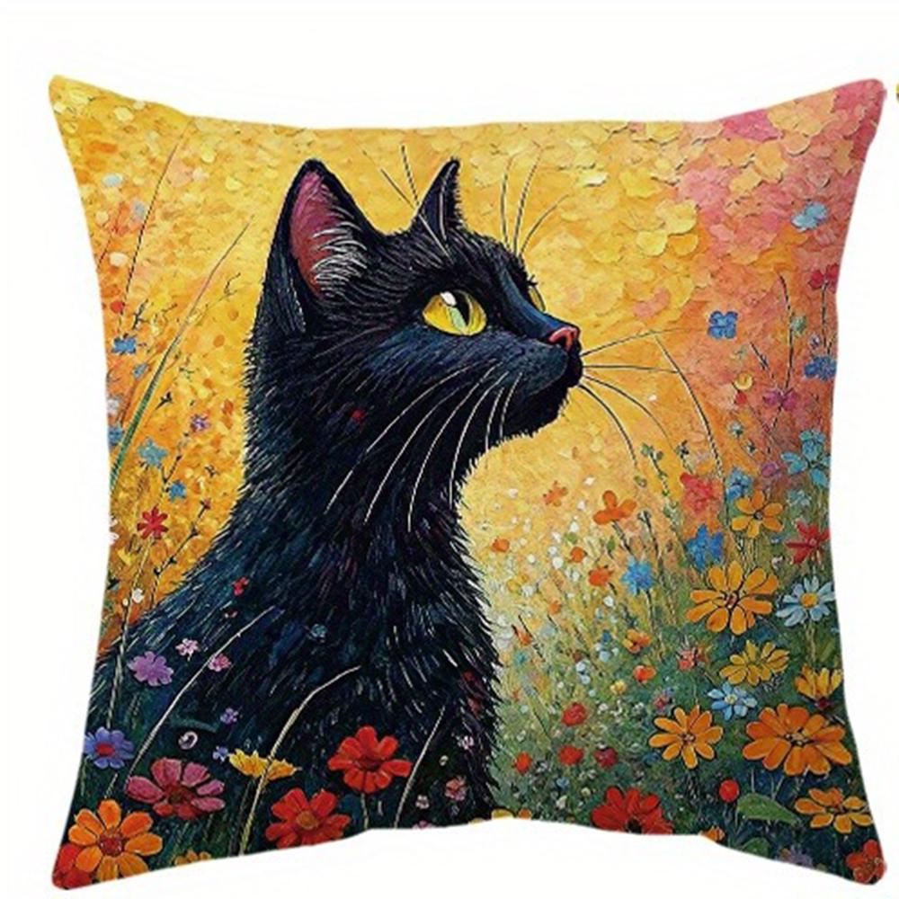 Artistic Black Cat - Floral Oil - Painting Pillow CoversLiving Room Sofa Cushion Cover, Soft and Comfortable, Room Decoration
