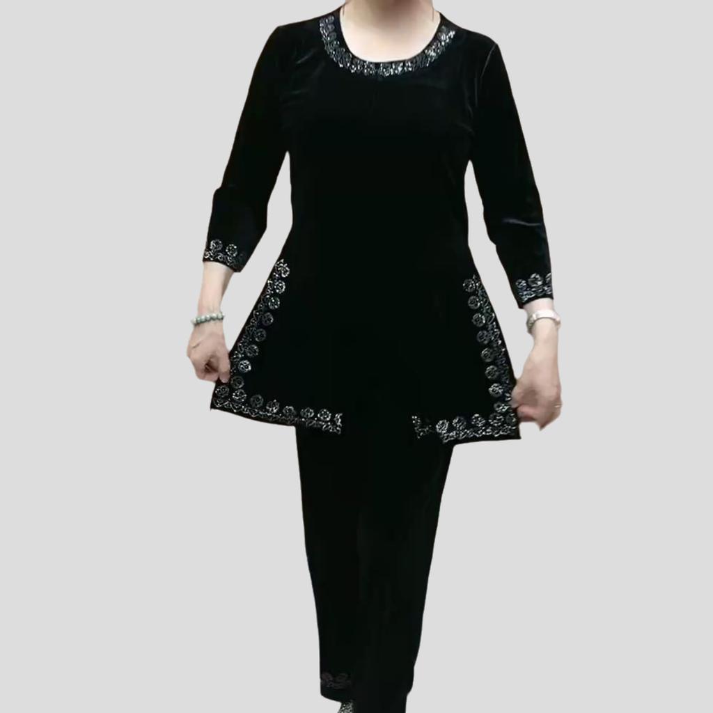 2pcs Pants Suits High-end Autumn Retro Women's Velvet Printed Plus-size Blouse High-waist Velvet Pants Two-piece Set