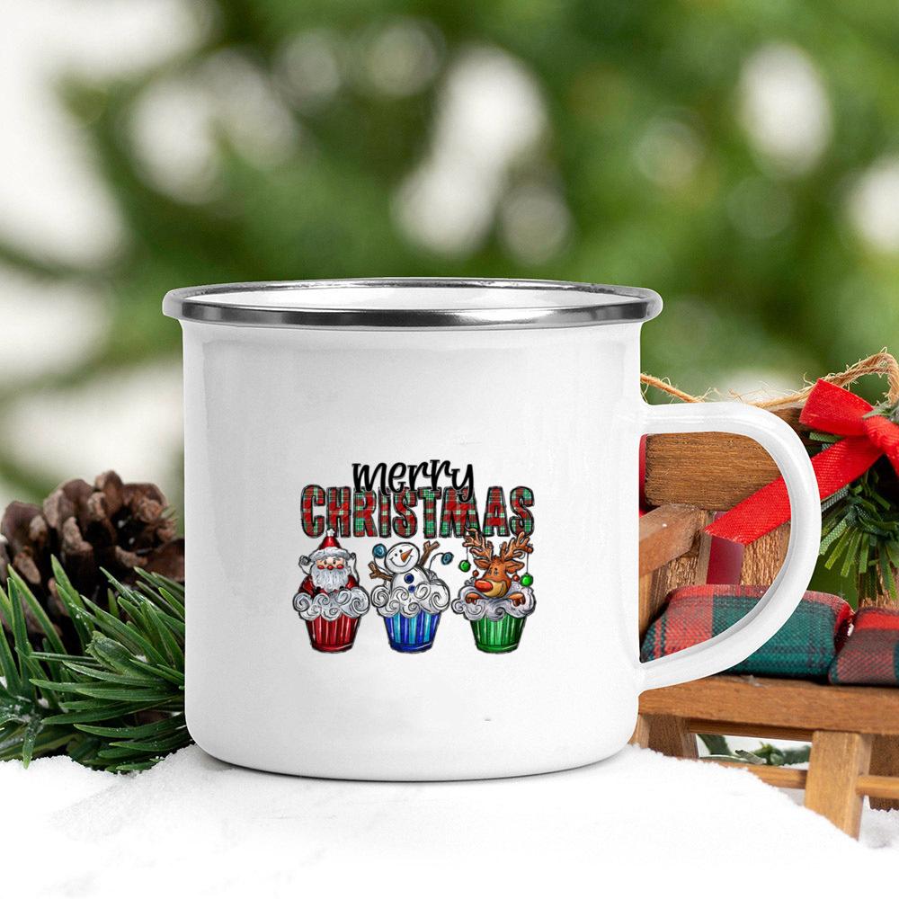 Santa Deer Truck Print Creative Enamel Cups Christmas Party Drink Juice Hot Cococ Cup Mugs Handle Mug Gifts for Family Friends