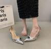 Fashion Shiny High Heels Slingback Silver Women Pumps Metallic Crystal Sandals Pointy Toe Stiletto Heeled Shoes Party Dress Shoes Woman