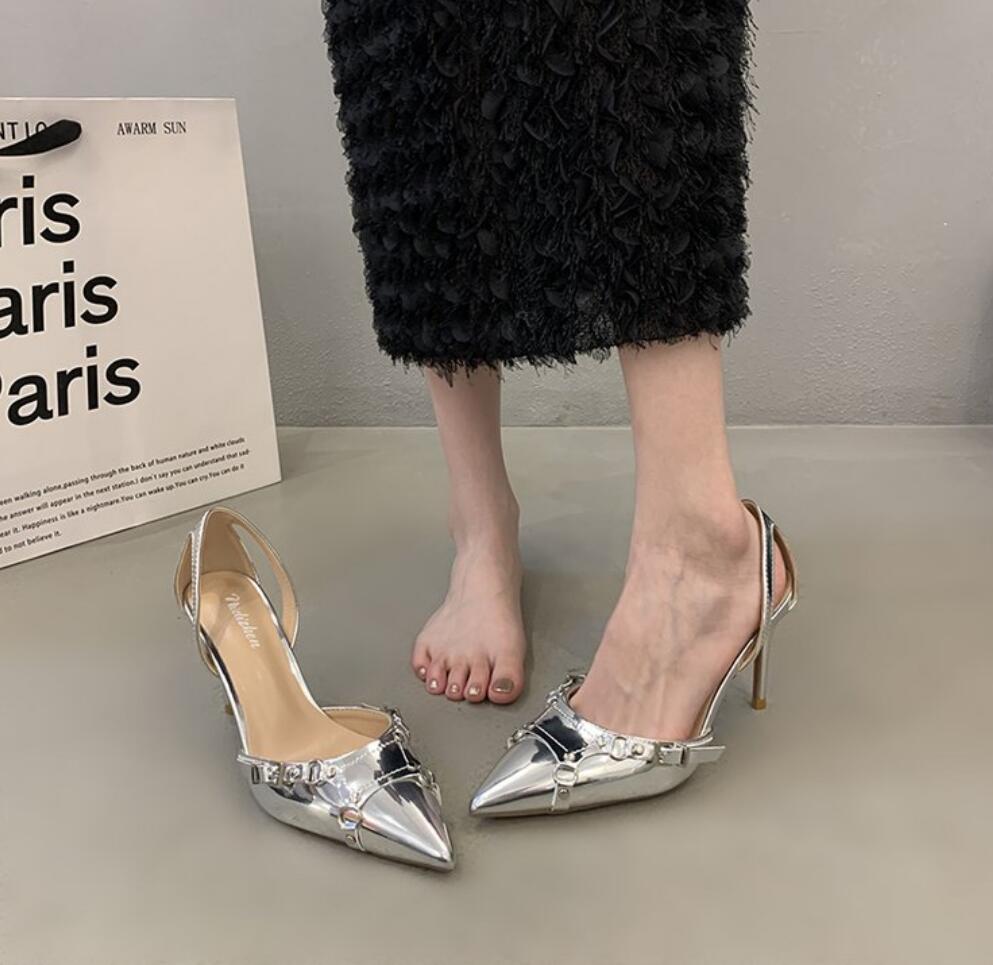 Fashion Shiny High Heels Slingback Silver Women Pumps Metallic Crystal Sandals Pointy Toe Stiletto Heeled Shoes Party Dress Shoes Woman