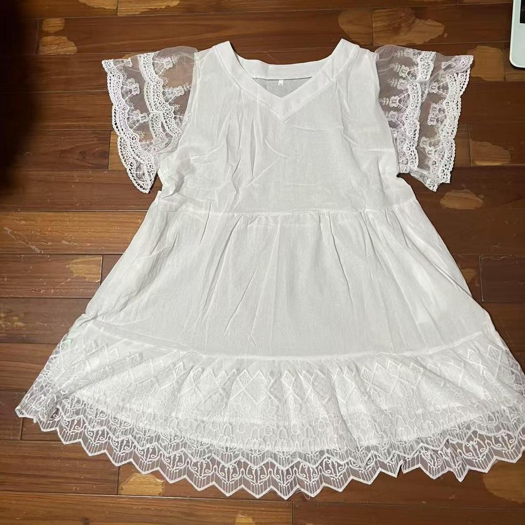 Nuovo Vestito Casual Moda Primavera/Estate 2025 con Scollo a V, Maniche Corte in Pizzo per Donna