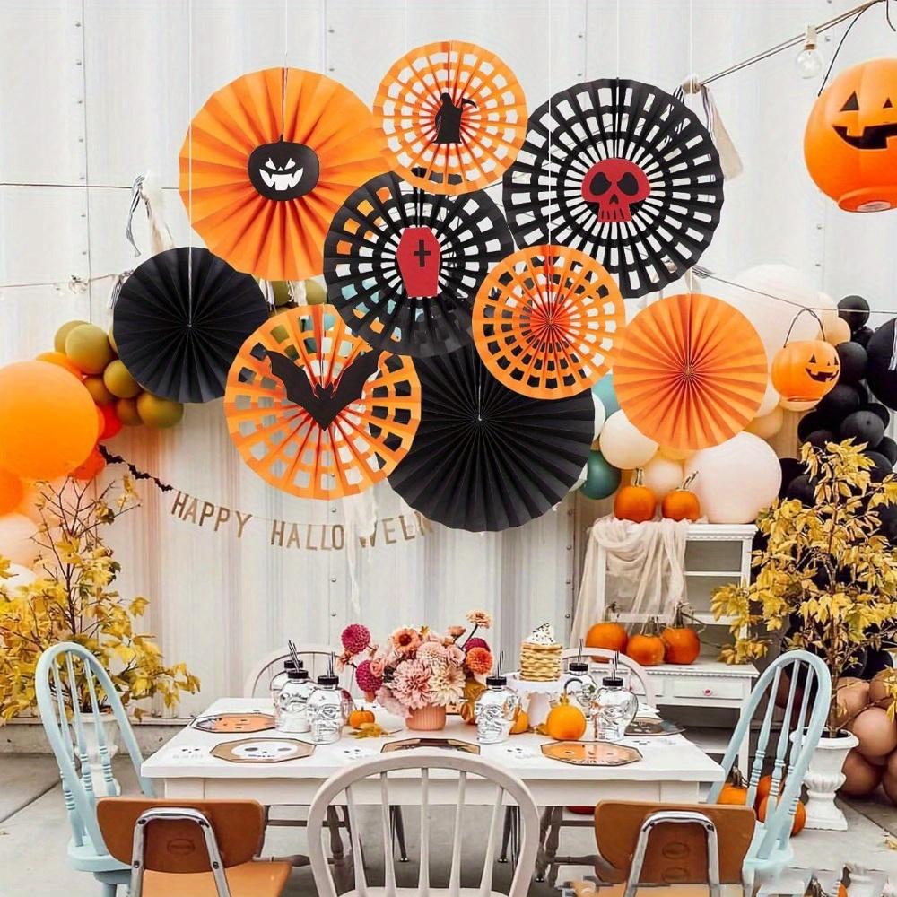5sets Black and Orange Party Decorations Hanging Paper Fans Party Decorations for Basketball Birthday Graduation Gothic Halloween Tissue Paper Fans