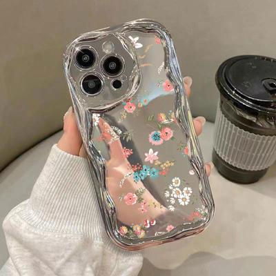 Wunderschöne Telefonabdeckung mit Blumendruck, glänzender Spiegelbeschichtung für iPhone 15 14 Pro 13 Pro Max 12 11, Wellenrahmen, weiches TPU, stoßfeste Linsenschutzhülle