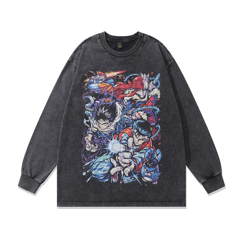 Heavy Weight Cotton Long-Sleeved T-Shirt For Men And Women, Dark Cartoon Print Fried Color, Retro Bottoming Pullover Sweater