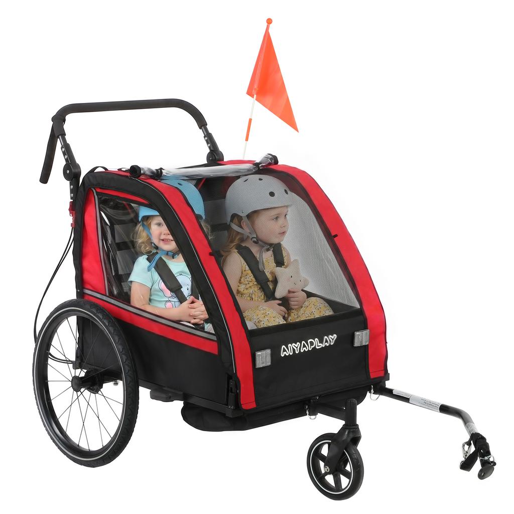 Child Bike Trailer 2 In 1, Baby Bike Stroller 2 Seats, Adjustable Handlebar, Hand Brake, Seat Belt, Red
