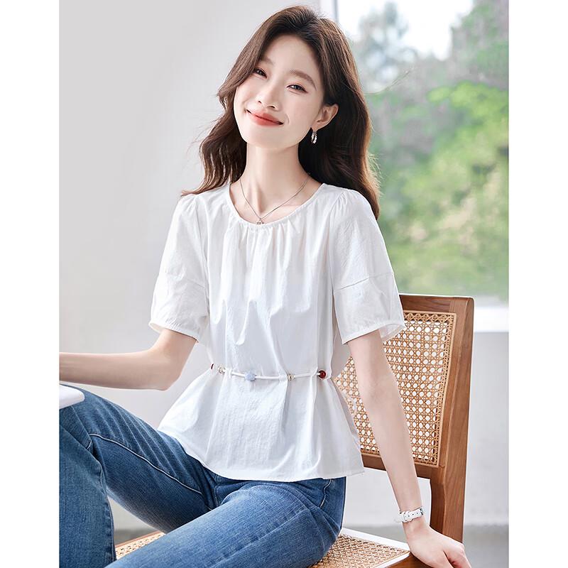 Women s 2025 Summer Cloud Cotton Round Neck Blouse L