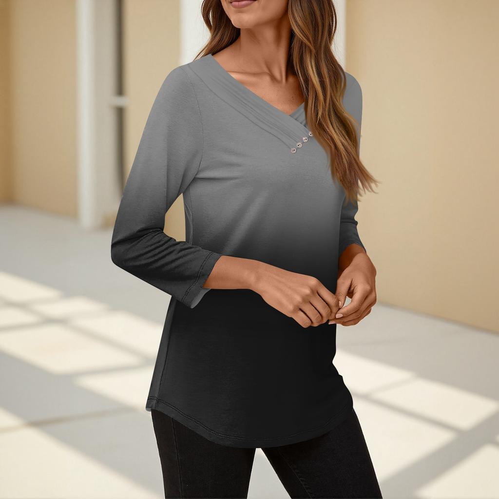 Damen T-Shirt Tee Knopf 3/4 Ärmel Tunika Täglich Wochenende Mode Basic V-Ausschnitt Reguläres Oberteil