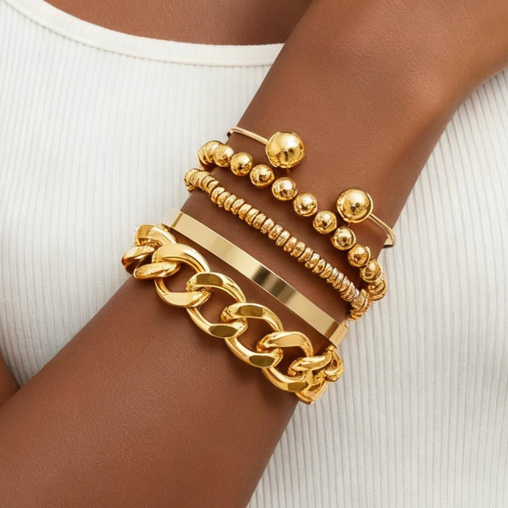 Gold Tone Stackable Bracelet Set 5 Piece Chunky Chain Bead and Cuff Bangles For Women