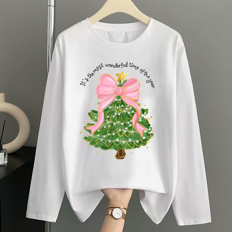 (Asian Size) Women Autumn Winter Letter Sweet 90s Print T Shirt Christmas Holiday Graphic Tee Casual Fashion Top Clothing Long Sleeve T-shirts