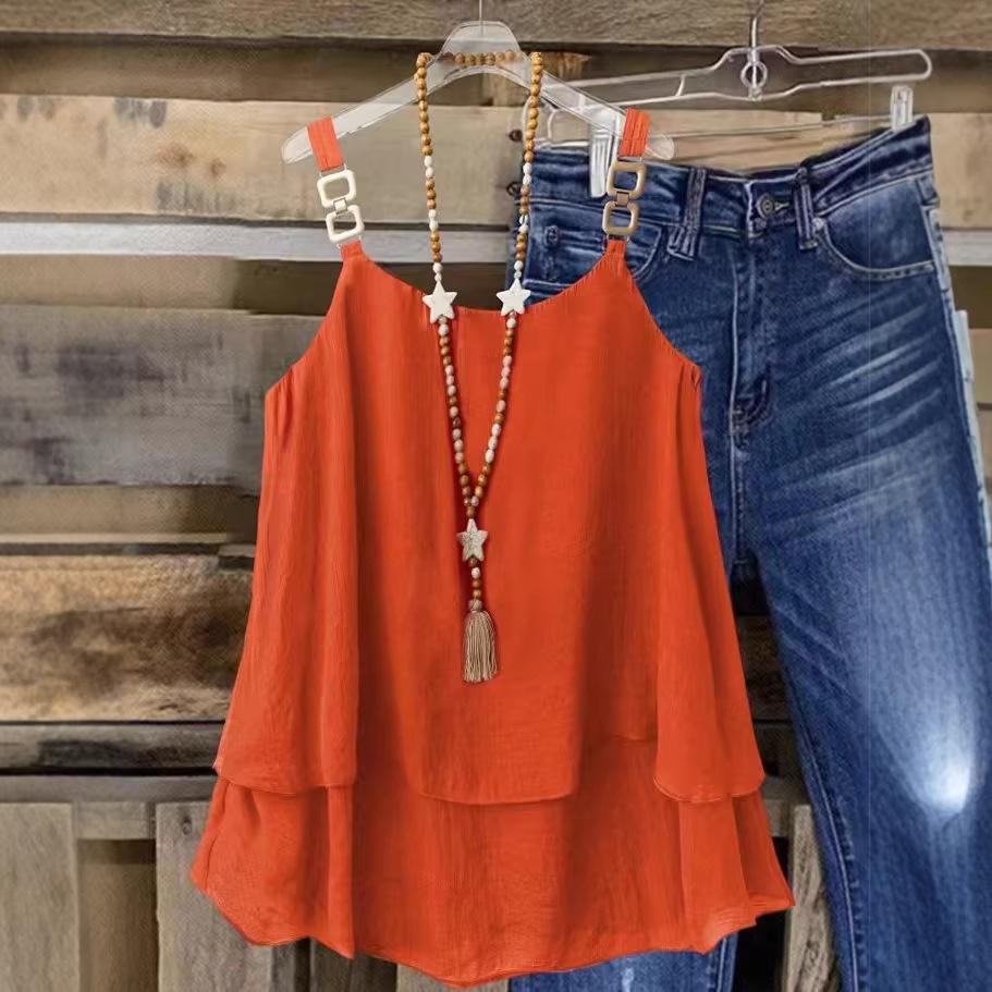 Spring and summer new crew neck women's clothing casual loose fashion elegant commuter vacation solid color double suspender top