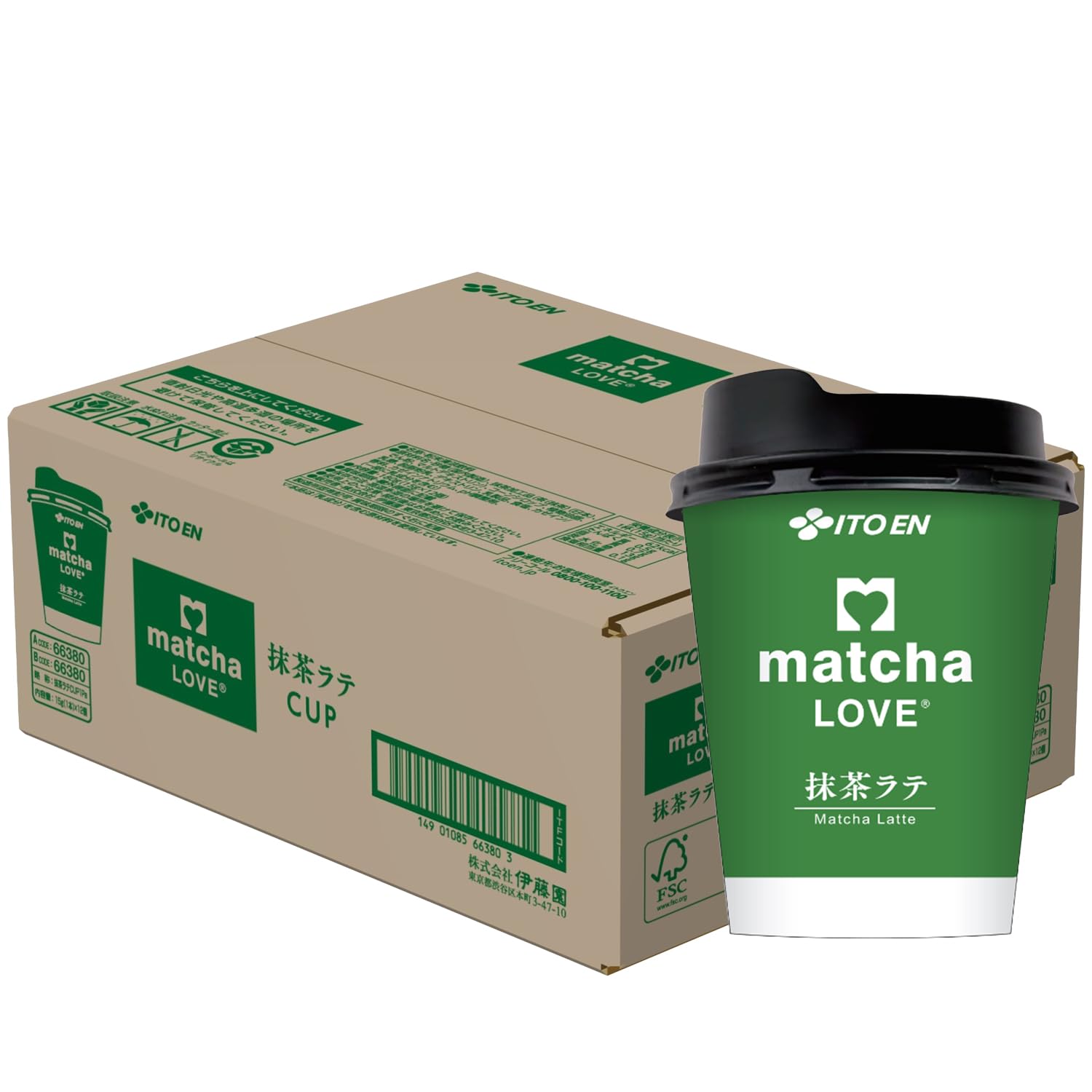 Itoen Matcha Love Matcha Latte 15g x 12 with lidded sticks, cups.