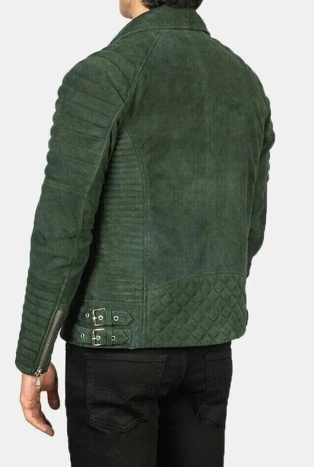 Suede Biker Motorcycle Casual Wear Handmade Men's Green Jacket Genuine Warm Soft