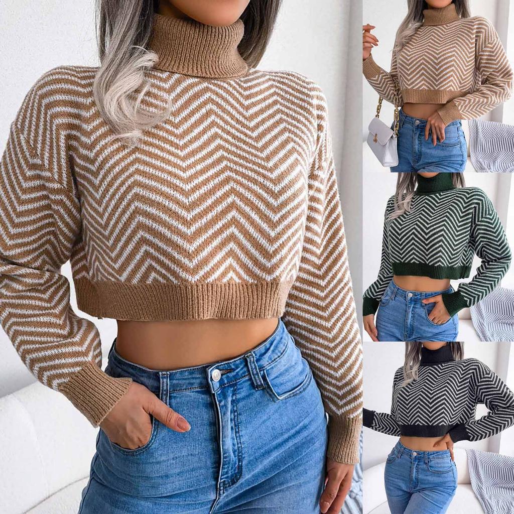 Women's Fashion Casual High Neck Long Sleeve Striped Crop Sweater