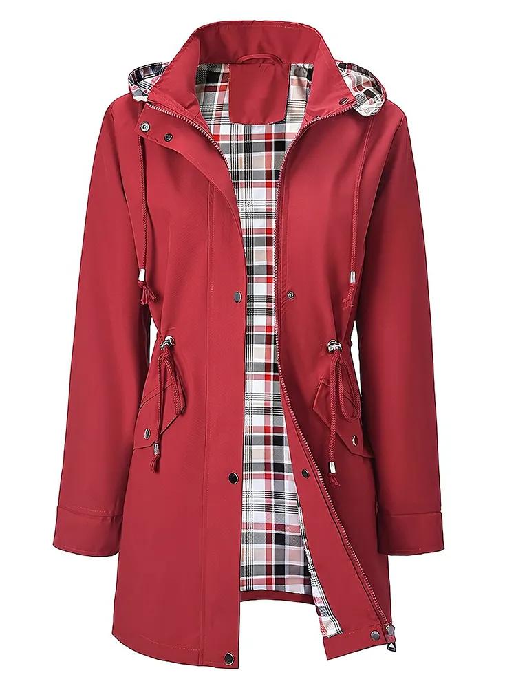 

Rain Jacket Women Lightweight Raincoats Outdoor Windbreaker Hooded Plaid Lined Trench Coat L