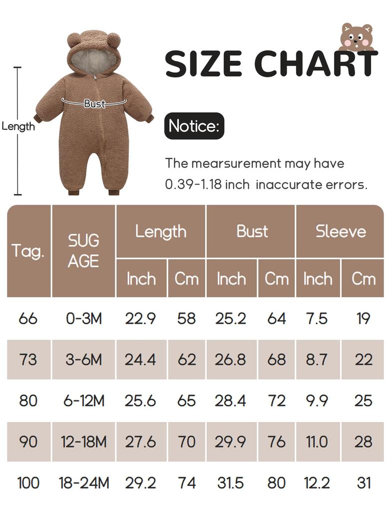 AIEOE Newborn Baby Long Sleeve Down Baby Bear Front Easy Baby Baby Shower Size 90 Jumpsuit, Romper, Hooded, Autumn/Winter, Coverall, Warm,