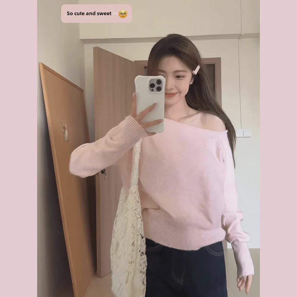 Women's Pink Off-Shoulder Knitted Top: Korean Spring 2025 Collection