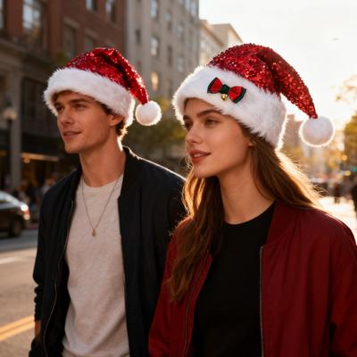 Christmas Hats Adults Sequins Bow Plush Warm Headgear Large Winter Holiday Hats For Women For Costume Party Family Outfit