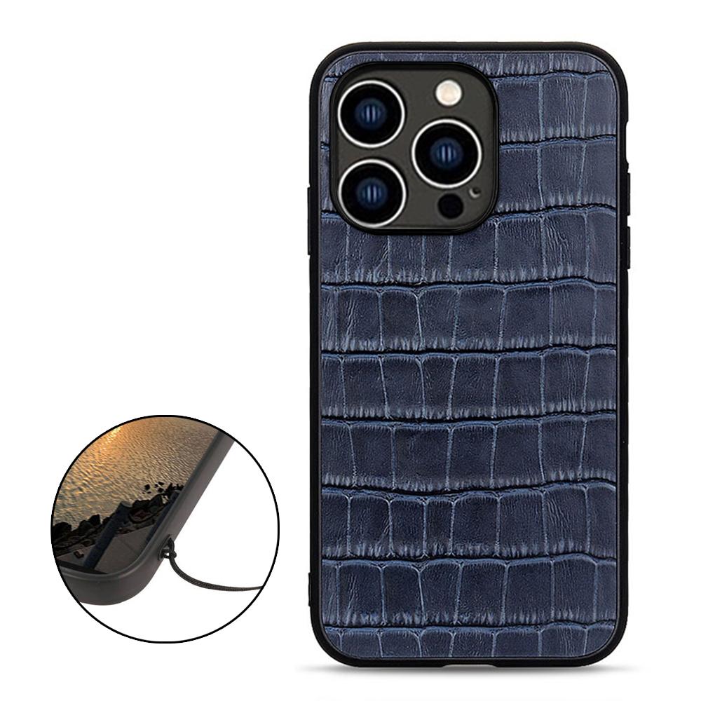 

For iPhone 15 Pro Max Crocodile Texture Genuine Cow Leather+TPU+PC Phone Case Phone Cover Blue
