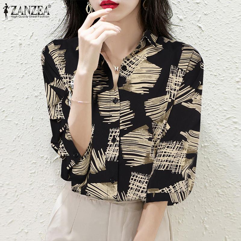

ZANZEA Женская повседневная летняя блузка с принтом - отложной воротник, рукав 3/4