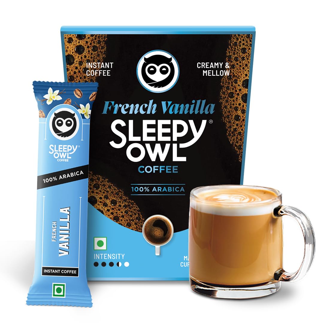 Sleepy Owl French Vanilla Freeze Dried Coffee Sachets | 20g - Pack of 10 x 2g Instant Coffee Powder Sachets | 100% Arabica Beans | Aromatic Coffe