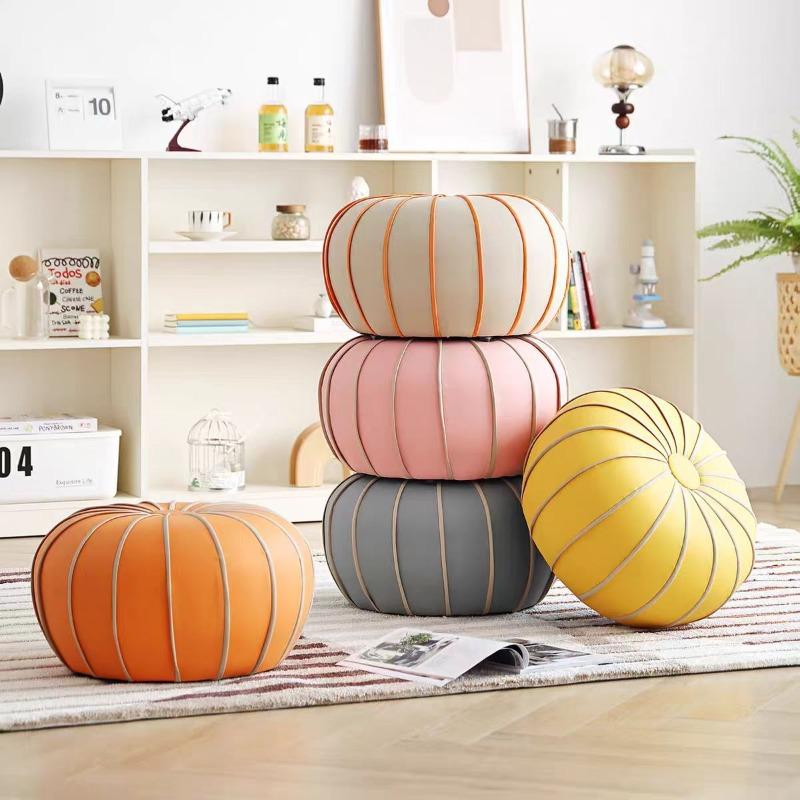Leather Low Stool Luxury Pumpkin-Shaped Ottoman Cute Round Footrest for Living Room Sofa Shoe Changing Entryway Decor