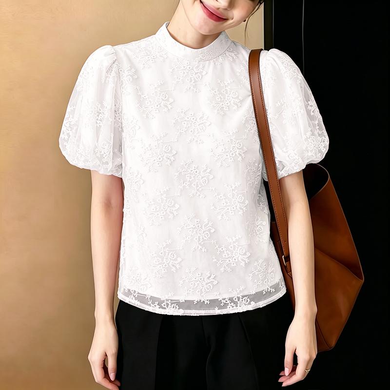 ZANZEA Women Stand Collar Loose Casual Lace Patchwork Short Sleeve Blouse M