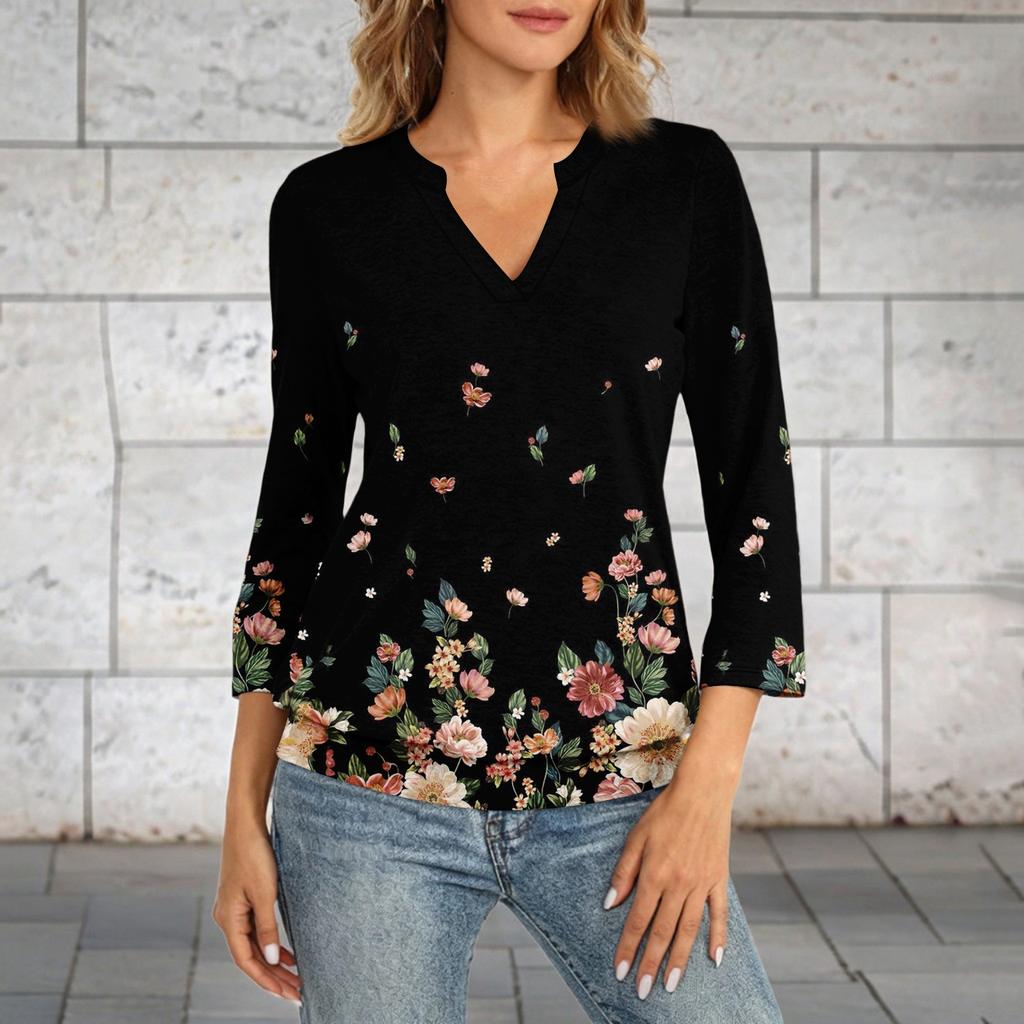 Damen 3/4-Ärmel Oberteil Hals Saum V-Ausschnitt Sommer Freizeit T-Shirt Vintage Bedrucktes Oberteil