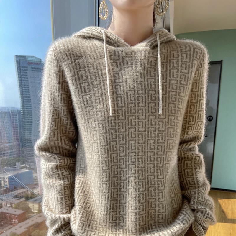 

Jacquard Wool Hoodie for Women In Autumn and Winter New Casual and Versatile Cashmere Knitted Sweater Soft and Glutinous Skin-friendly Sweater XL