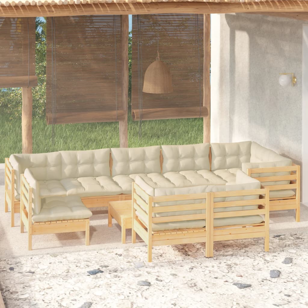 Vidaxl 10-Cz. Garden Lounge Set, Cream Cushions, Pine